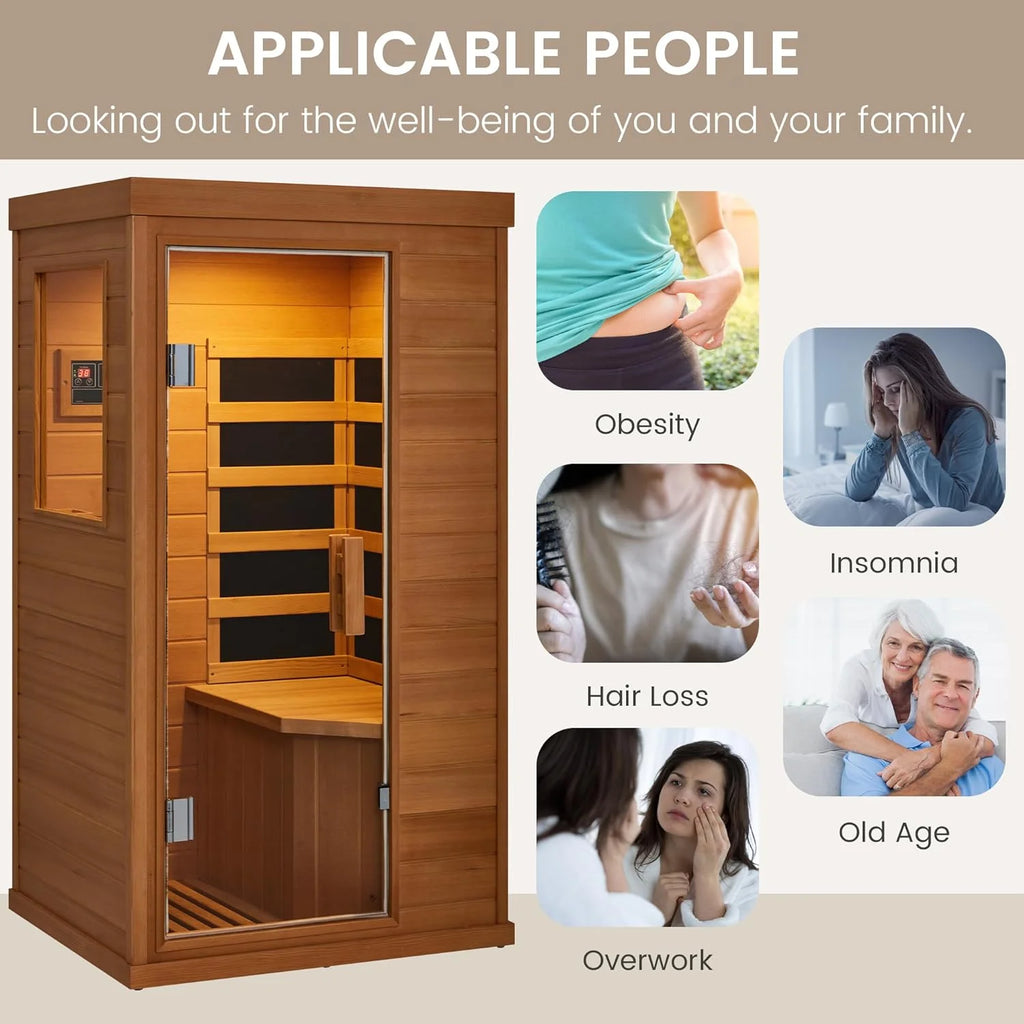 1 Person Infrared Sauna, Full Spectrum Infrared Sauna for Home, Indoor Dry Sauna with 4 Heater Panels, Bluetooth and Tempered Glass,Canadian Hemlock
