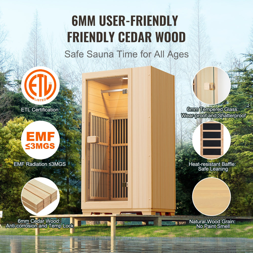 Uimoso 1 Person Far Infrared Wooden Sauna Room 1140W Home Spa Bluetooth Speakers