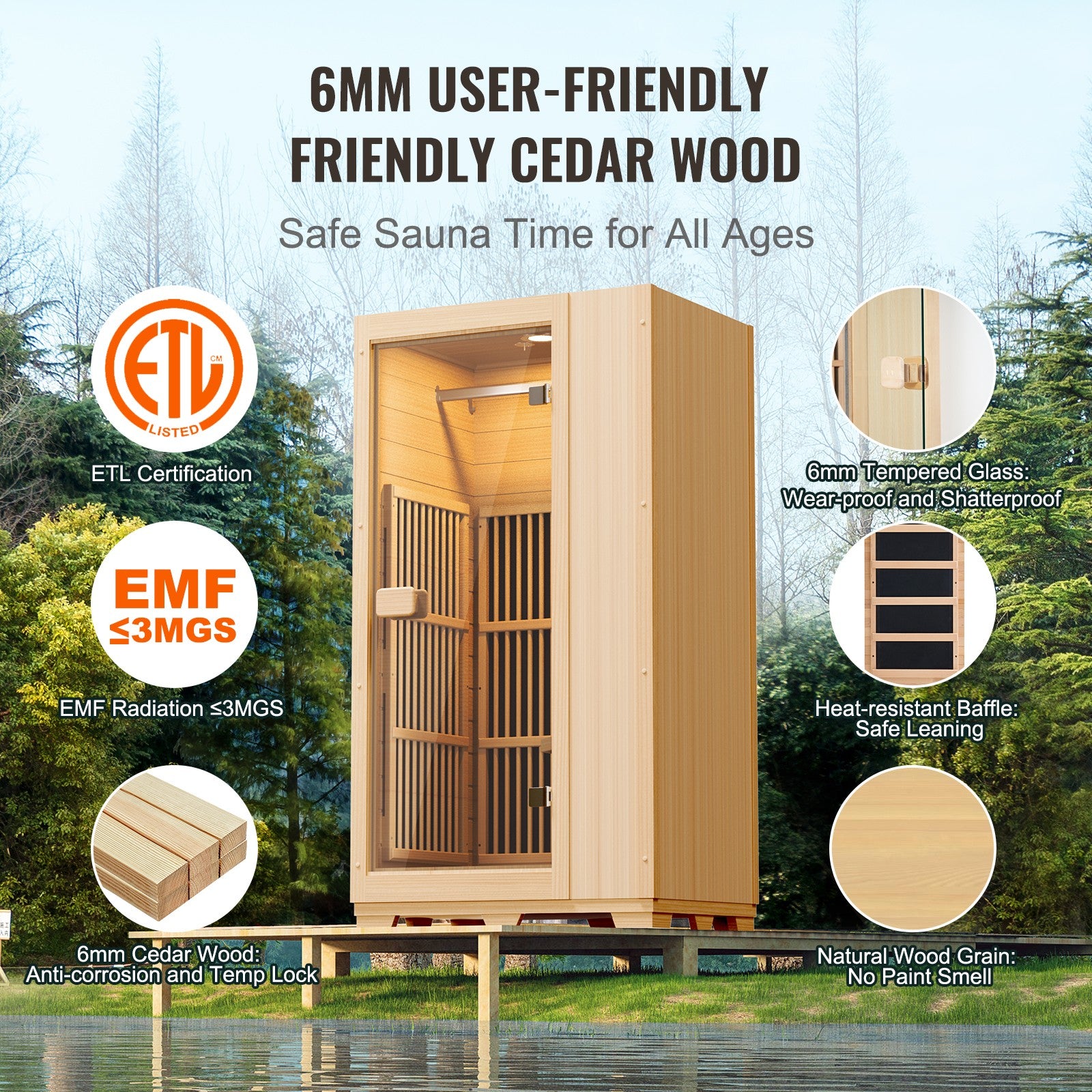 Uimoso 1 Person Far Infrared Wooden Sauna Room 1140W Home Spa Bluetooth Speakers