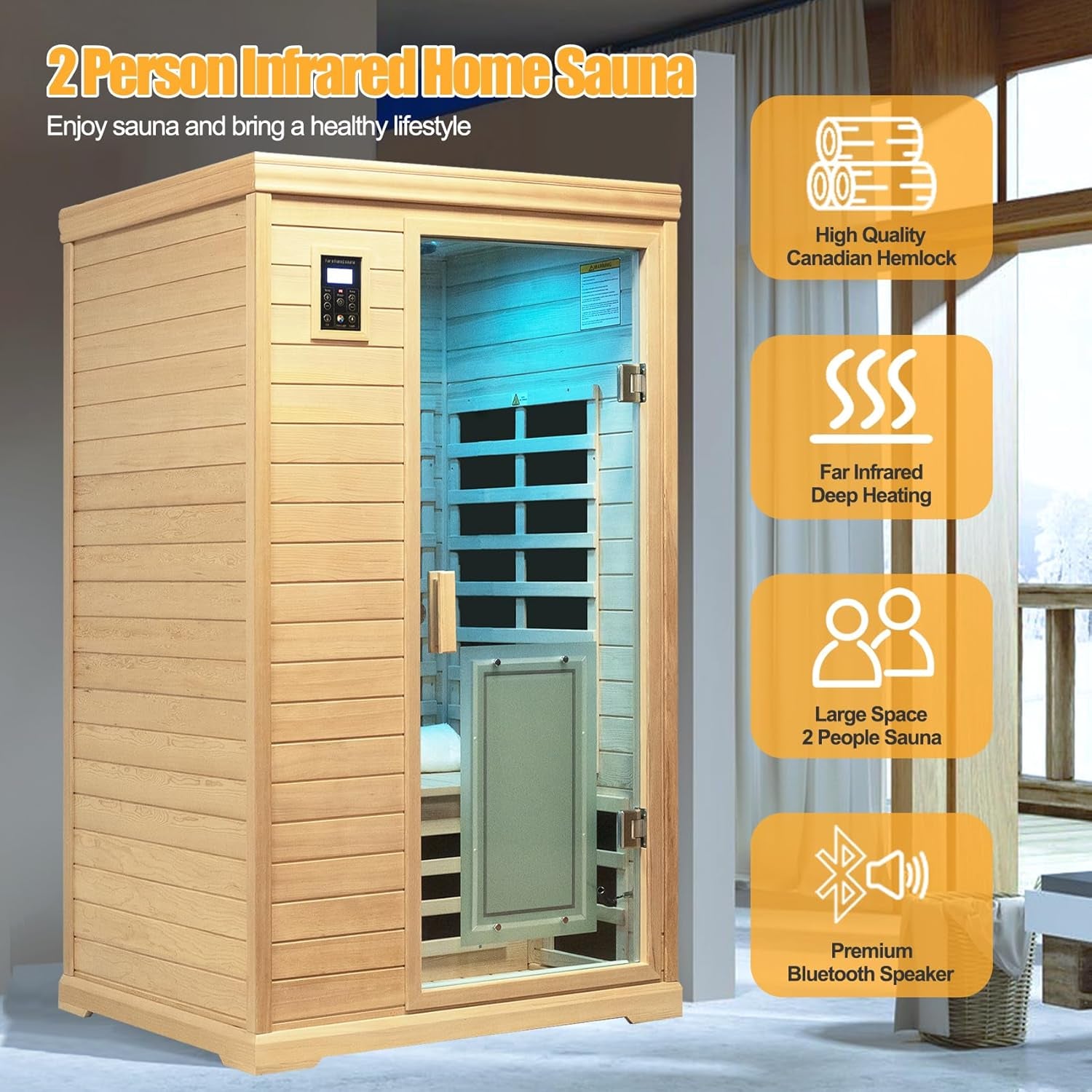 Low EMF Indoor Sauna, Infrared Sauna for Home, 2 Person Infrared Sauna, Canadian Hemlock, 9 Low EMF Heaters, 2 Chromotherapy Lights, 2 Bluetooth Speakers, 1 LED Reading Lamp, 1750W