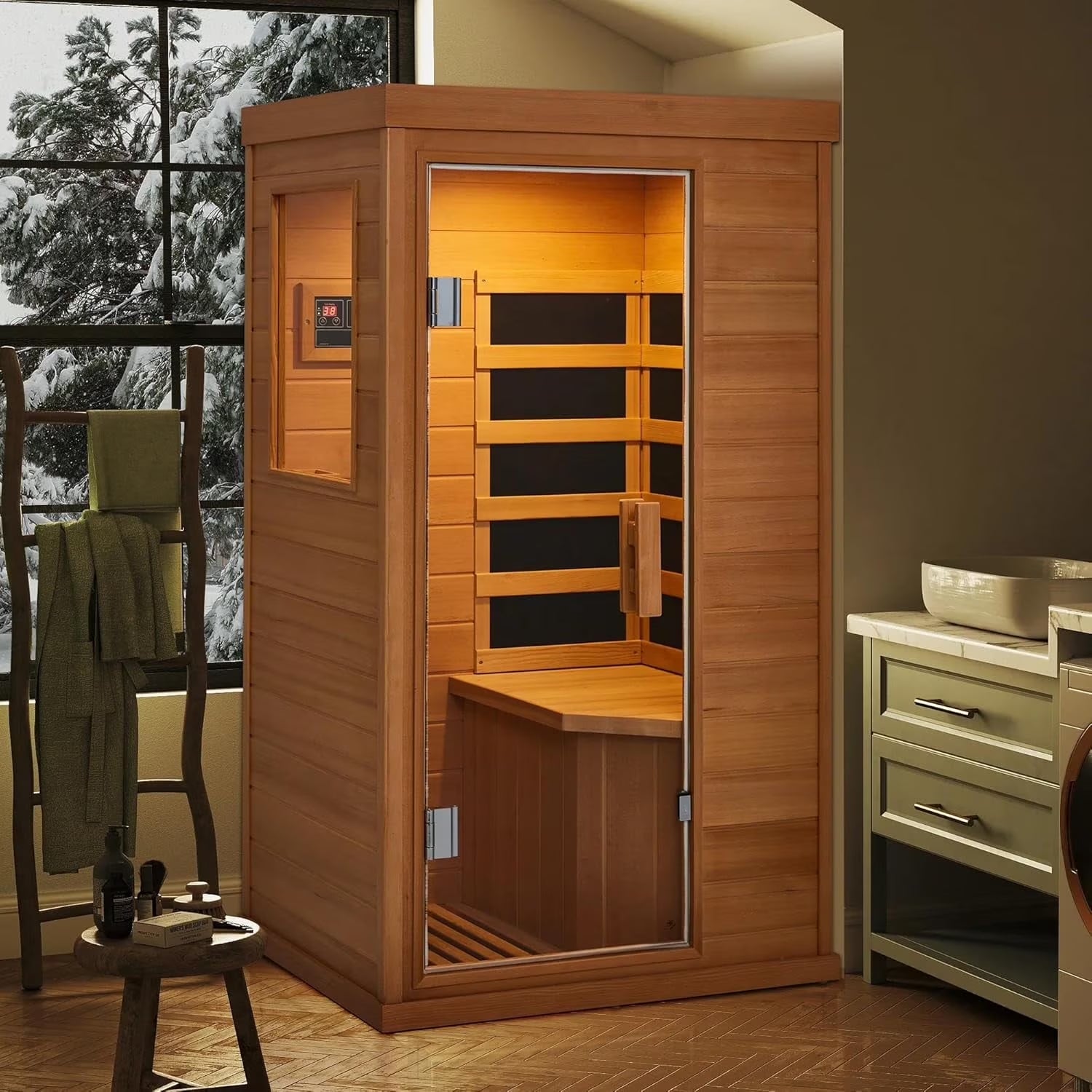 1 Person Infrared Sauna, Full Spectrum Infrared Sauna for Home, Indoor Dry Sauna with 4 Heater Panels, Bluetooth and Tempered Glass,Canadian Hemlock