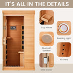 1 Person Infrared Sauna, Full Spectrum Infrared Sauna for Home, Indoor Dry Sauna with 4 Heater Panels, Bluetooth and Tempered Glass,Canadian Hemlock
