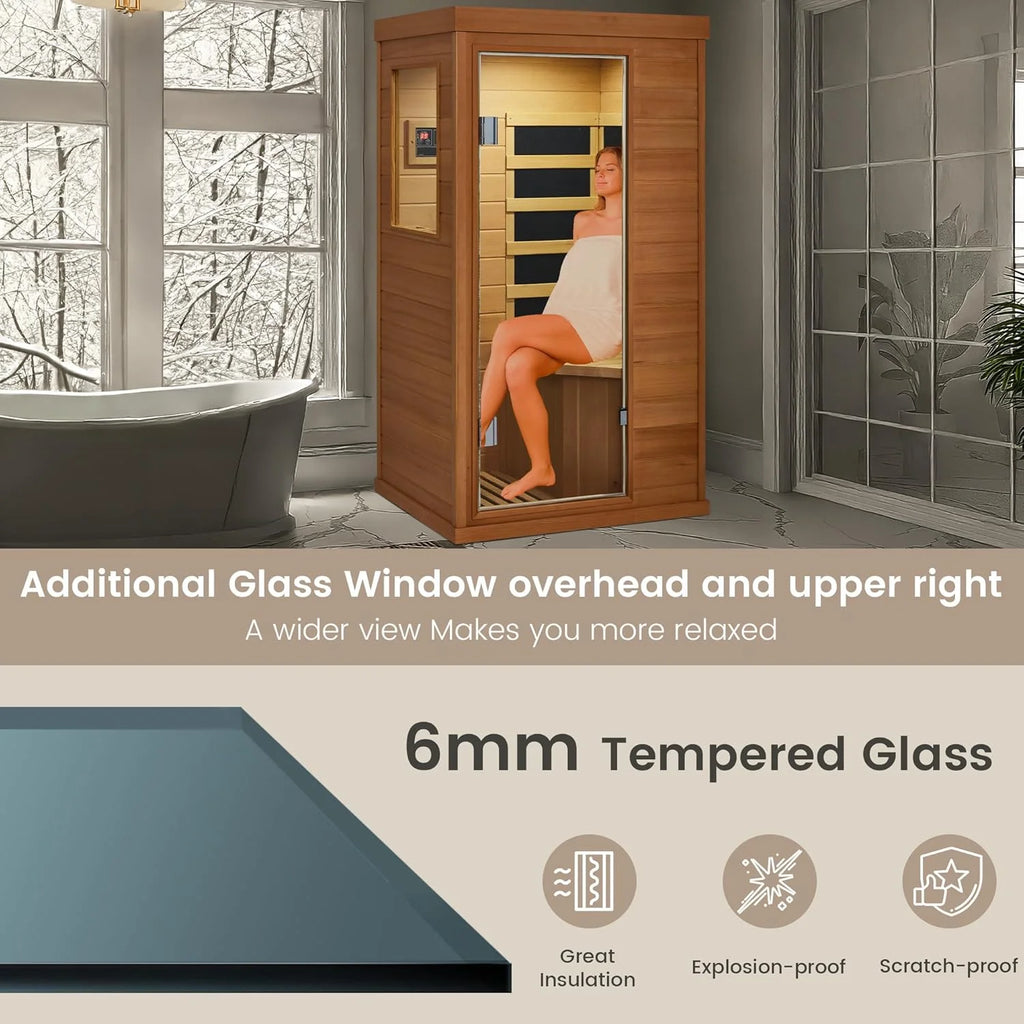 1 Person Infrared Sauna, Full Spectrum Infrared Sauna for Home, Indoor Dry Sauna with 4 Heater Panels, Bluetooth and Tempered Glass,Canadian Hemlock