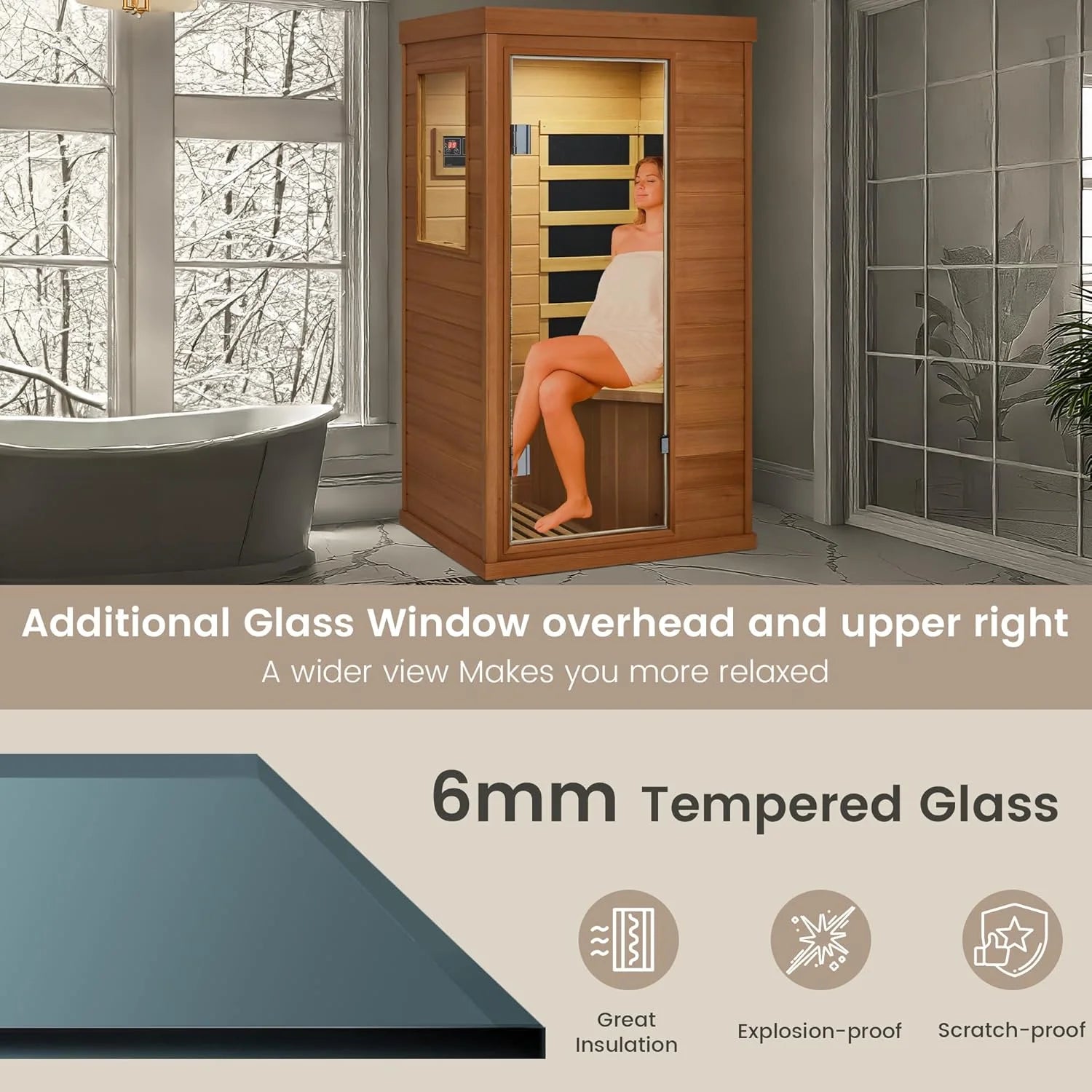 1 Person Infrared Sauna, Full Spectrum Infrared Sauna for Home, Indoor Dry Sauna with 4 Heater Panels, Bluetooth and Tempered Glass,Canadian Hemlock