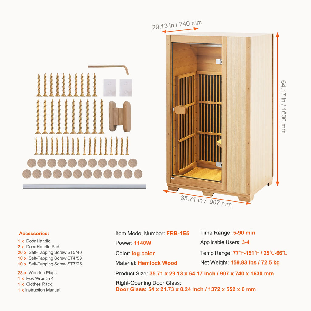 Uimoso 1 Person Far Infrared Wooden Sauna Room 1140W Home Spa Bluetooth Speakers