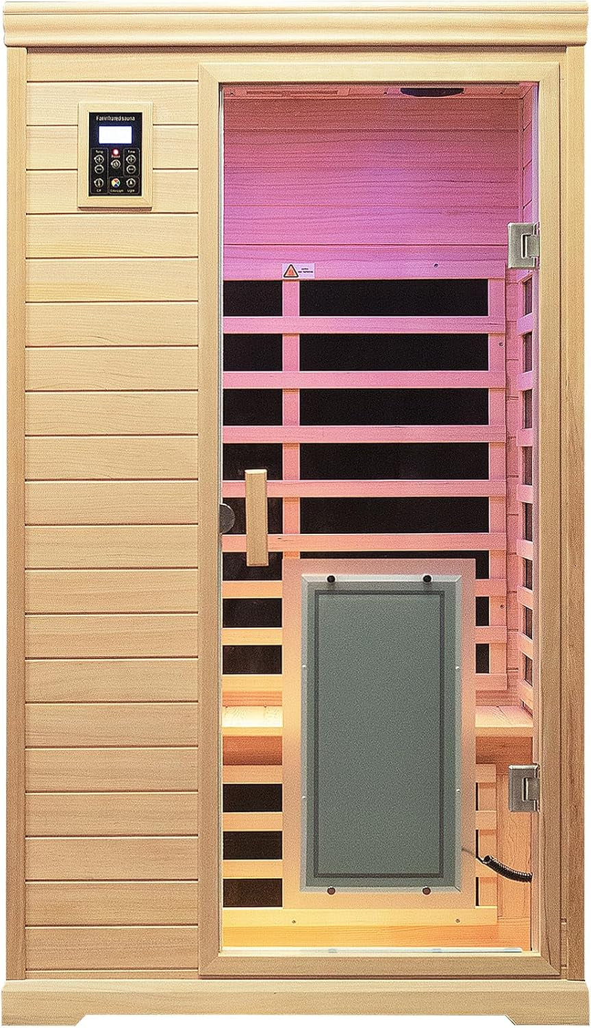 Low EMF Indoor Sauna, Infrared Sauna for Home, 2 Person Infrared Sauna, Canadian Hemlock, 9 Low EMF Heaters, 2 Chromotherapy Lights, 2 Bluetooth Speakers, 1 LED Reading Lamp, 1750W
