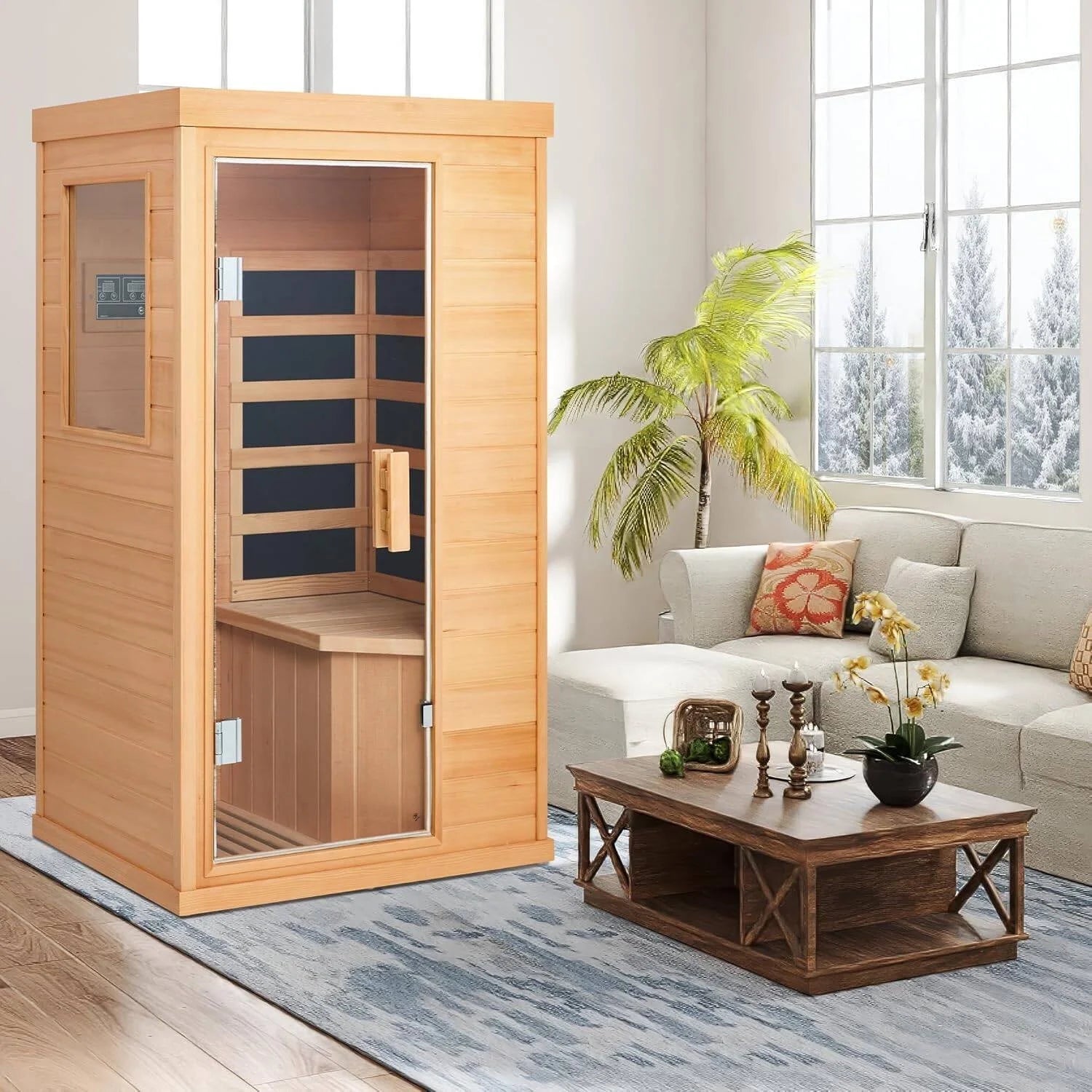 1 Person Infrared Sauna, Full Spectrum Infrared Sauna for Home, Indoor Dry Sauna with 4 Heater Panels, Bluetooth and Tempered Glass,Canadian Hemlock