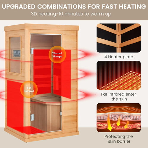 1 Person Infrared Sauna, Full Spectrum Infrared Sauna for Home, Indoor Dry Sauna with 4 Heater Panels, Bluetooth and Tempered Glass,Canadian Hemlock