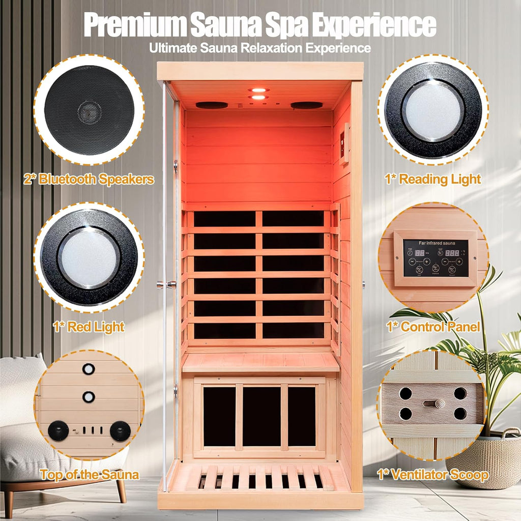 Far Infrared Sauna Canadian Hemlock Deluxe 1 Person Infrared Home Sauna Room 1060W/120V Low EMF Mini Indoor Sauna with Red Light, Right Side