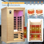 Low EMF Indoor Sauna, Infrared Sauna for Home, 2 Person Infrared Sauna, Canadian Hemlock, 9 Low EMF Heaters, 2 Chromotherapy Lights, 2 Bluetooth Speakers, 1 LED Reading Lamp, 1750W