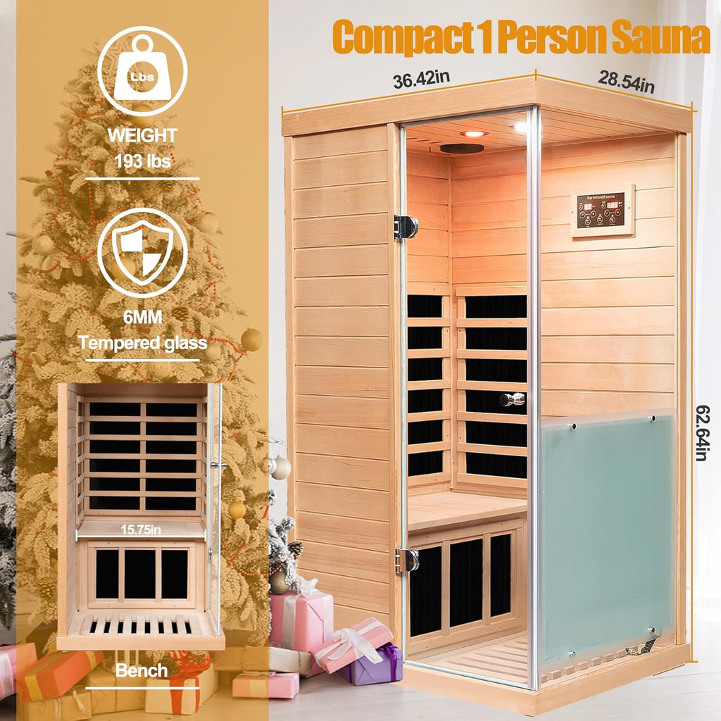 Far Infrared Sauna Canadian Hemlock Deluxe 1 Person Infrared Home Sauna Room 1060W/120V Low EMF Mini Indoor Sauna with Red Light, Right Side