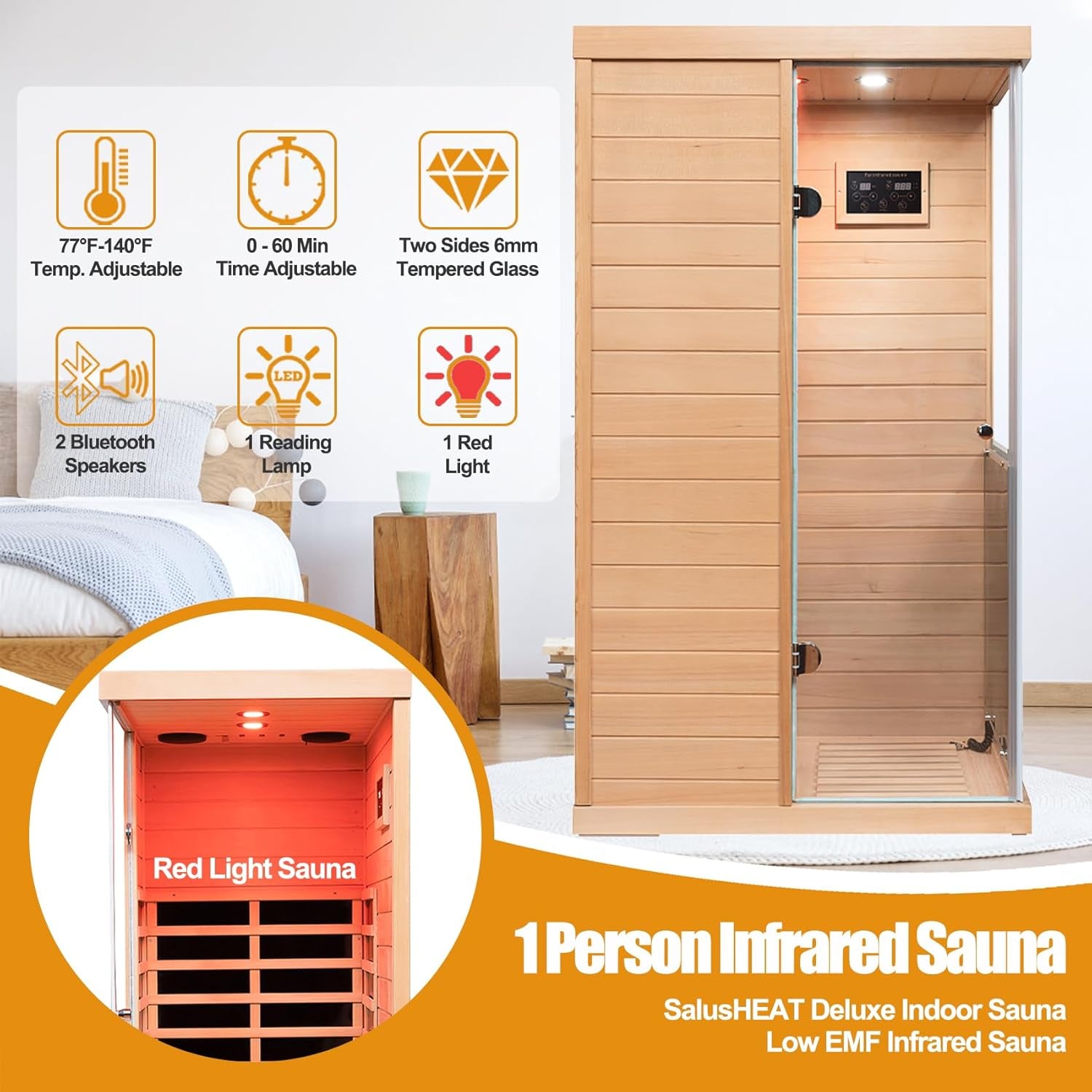 Far Infrared Sauna Canadian Hemlock Deluxe 1 Person Infrared Home Sauna Room 1060W/120V Low EMF Mini Indoor Sauna with Red Light, Right Side