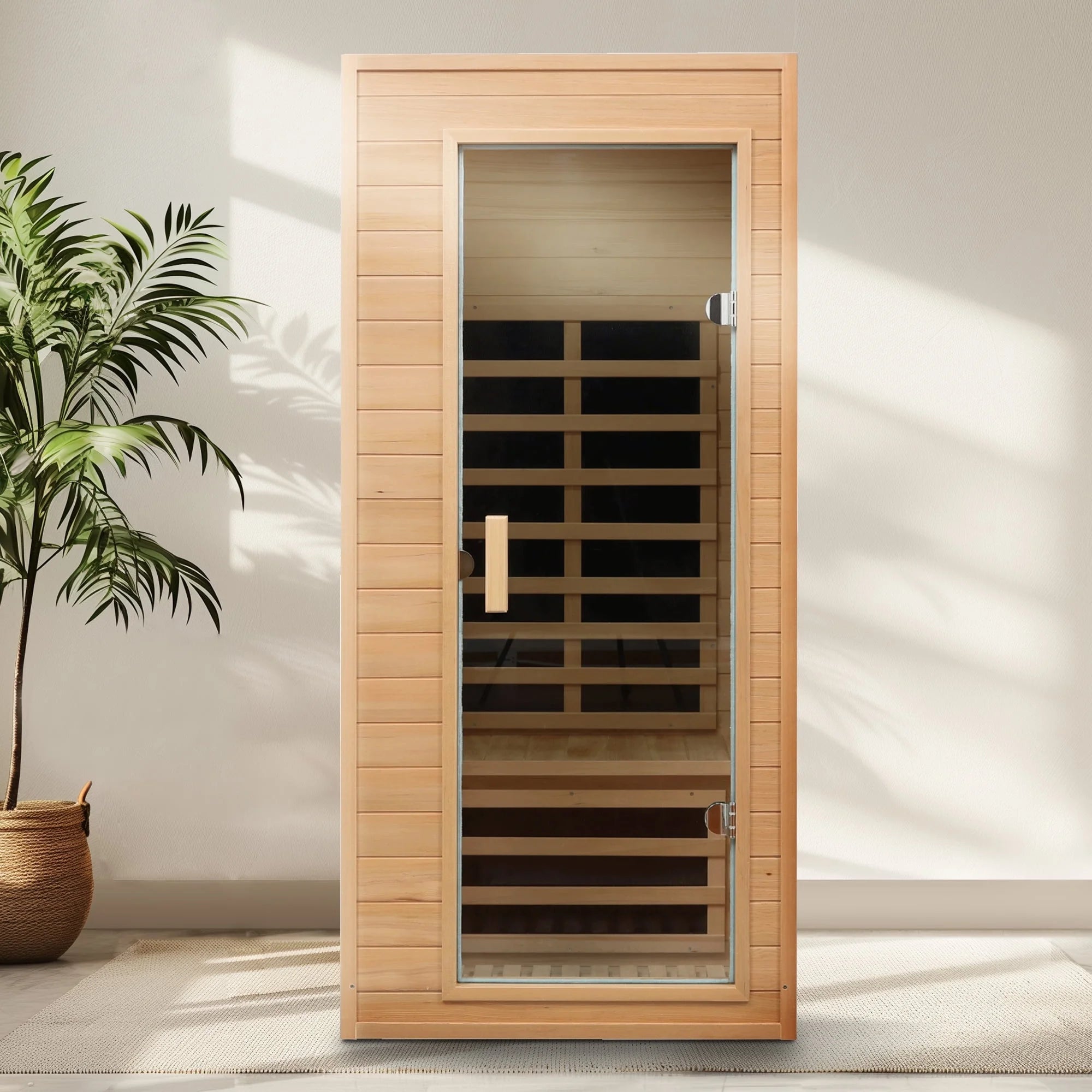 1290W Hemlock 1 Person Sauna Indoor Spa Room , FAR Infrared Sauna with Touch Intelligent Panel, Bluetooth LED Reading Light,Temperature Protection for Home Gym