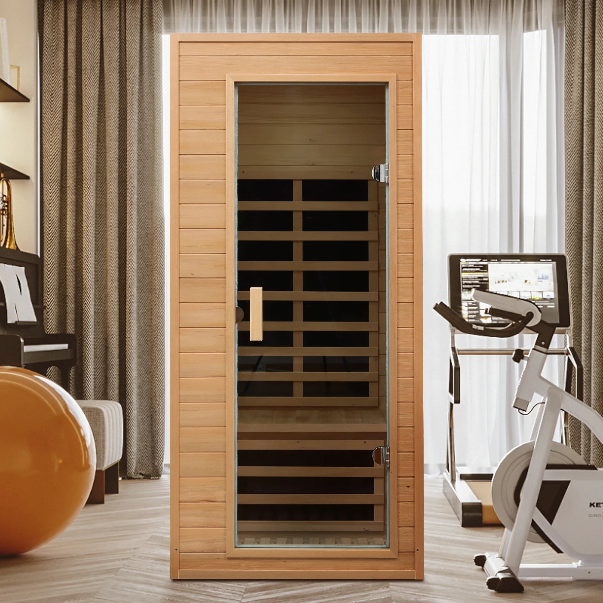 1290W Hemlock 1 Person Sauna Indoor Spa Room , FAR Infrared Sauna with Touch Intelligent Panel, Bluetooth LED Reading Light,Temperature Protection for Home Gym
