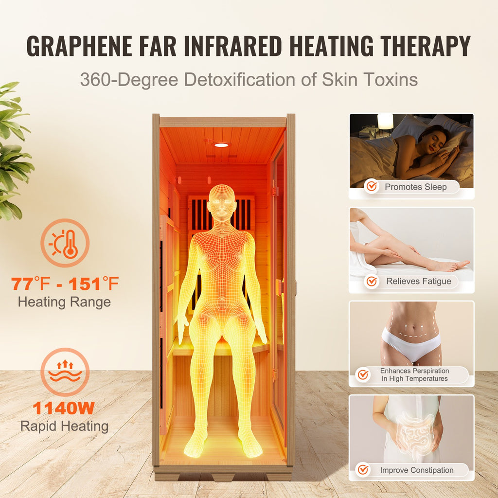 Uimoso 1 Person Far Infrared Wooden Sauna Room 1140W Home Spa Bluetooth Speakers