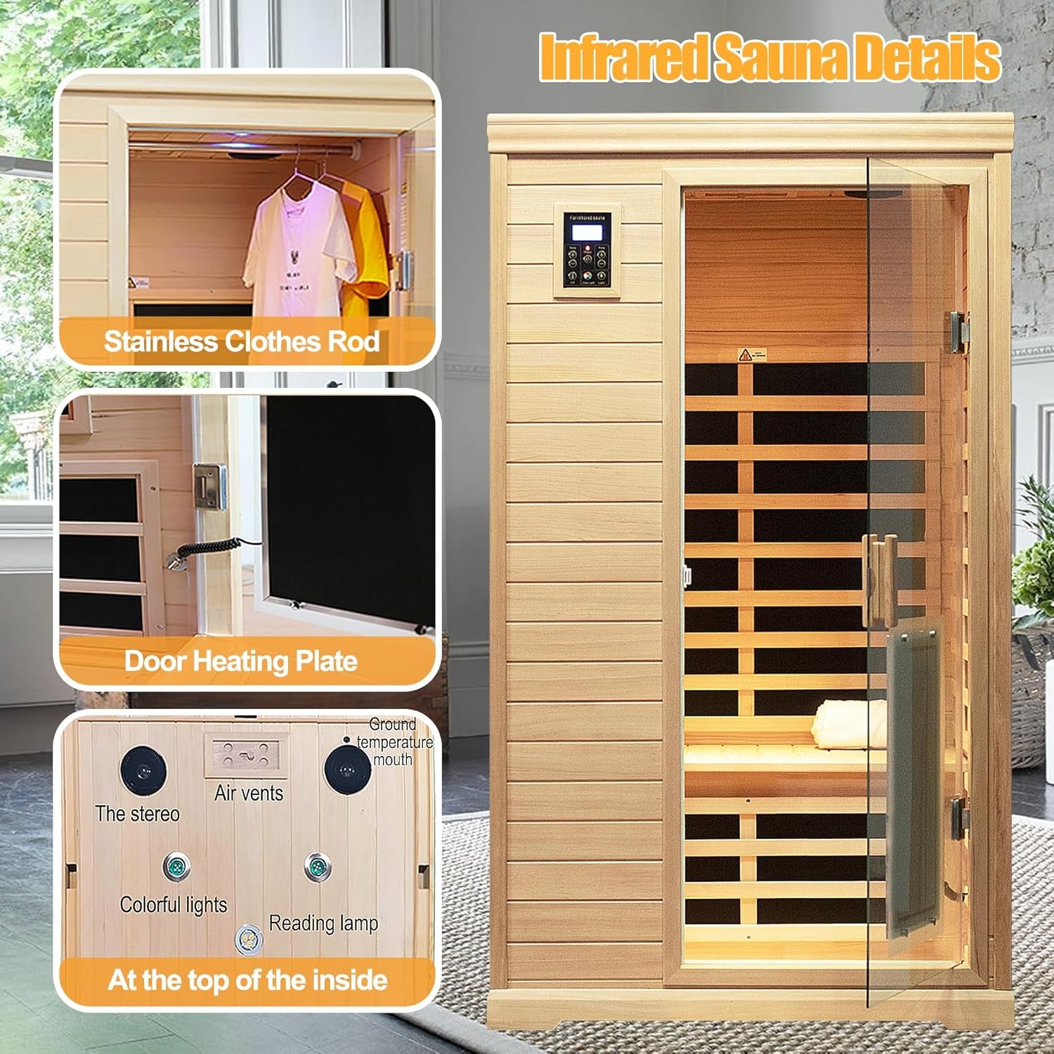 Low EMF Indoor Sauna, Infrared Sauna for Home, 2 Person Infrared Sauna, Canadian Hemlock, 9 Low EMF Heaters, 2 Chromotherapy Lights, 2 Bluetooth Speakers, 1 LED Reading Lamp, 1750W